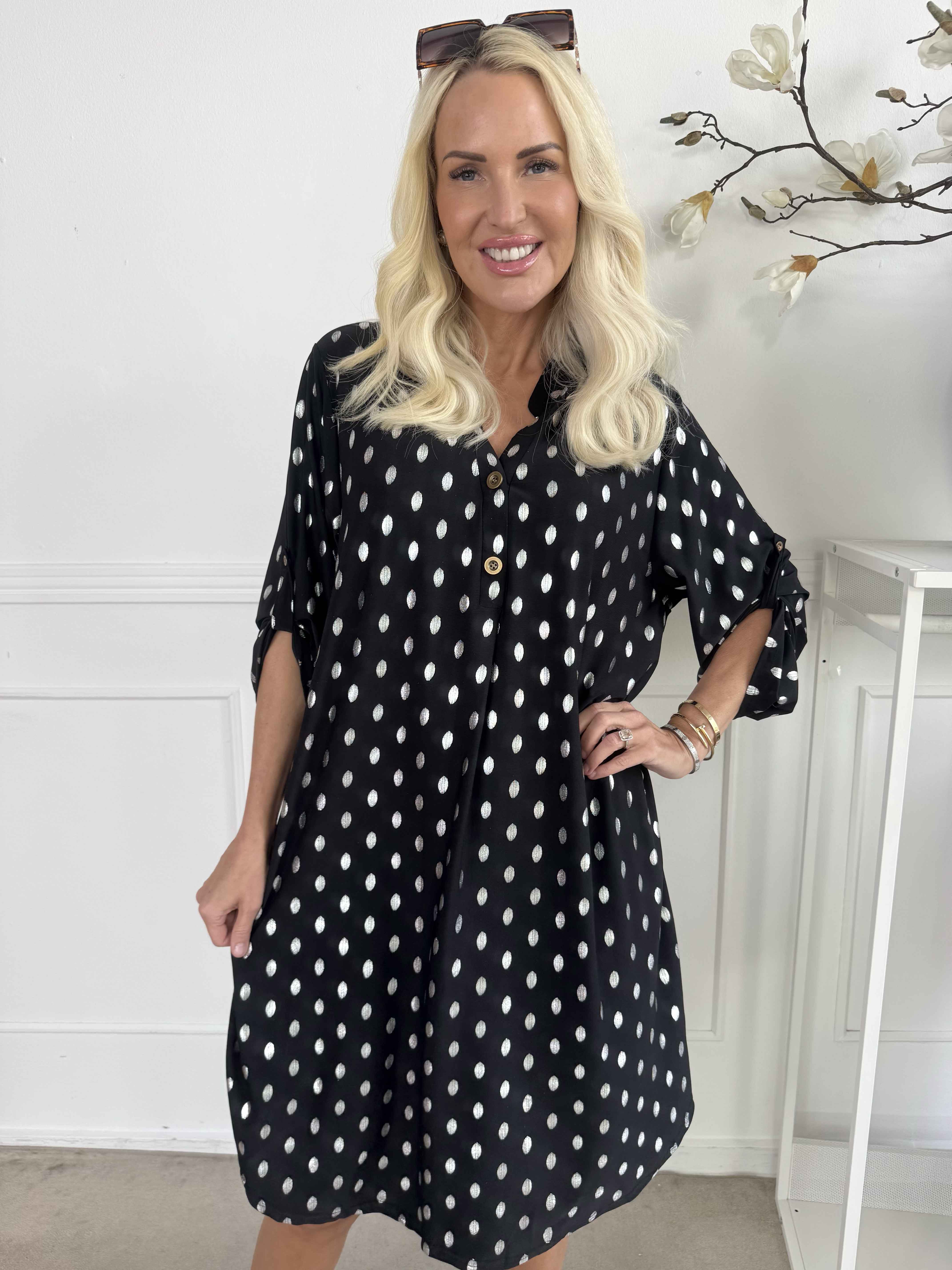 Ebba Silver Long - Elastisk kjole med sølv prikker